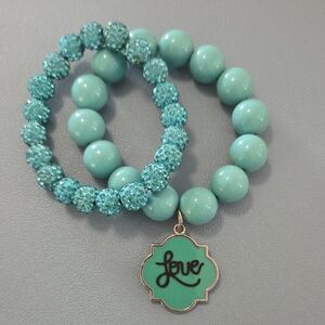 Turquoise Beaded Bracelet Set with 'Love' Charm